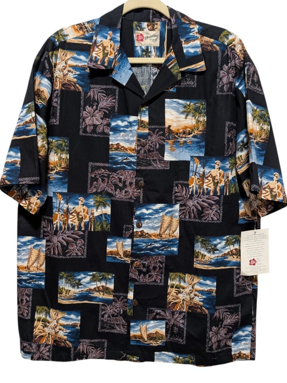 Hilo Hattie Mens NWT Sz L Black Aloha Outrigger Native Hawaiian S/S Button Shirt